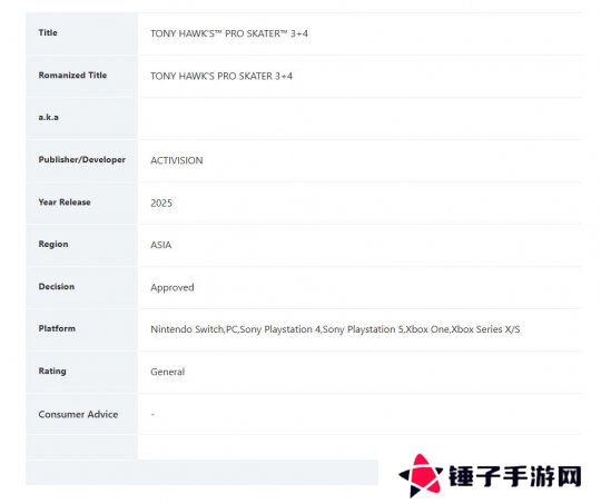 《托尼霍克职业滑板3+4》在新加坡通过评级 即将公布
